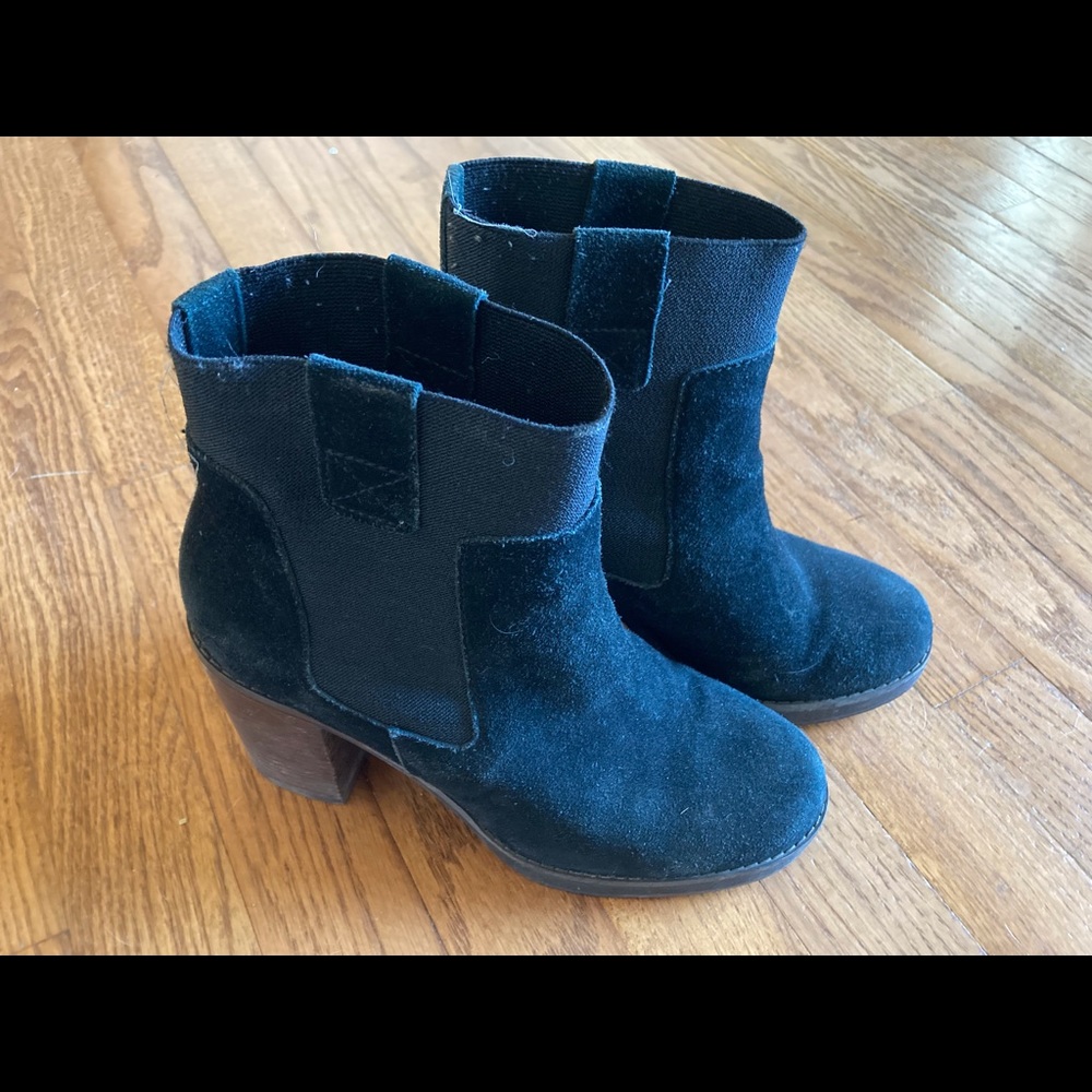 Black suede and elastene slip-on booties, 3.5” stacked heel